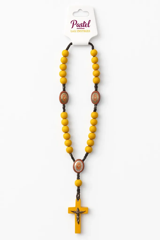 Wooden Rosary Necklace – Golden Yellow – Handmade & Blessed Style
